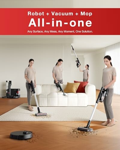 Person using a robot vacuum and mop in a living room.