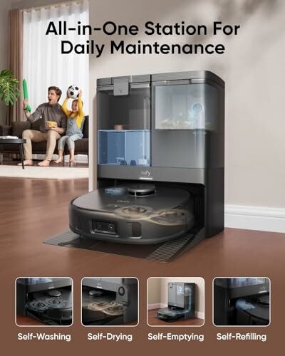 Robotic vacuum cleaner with all-in-one station for daily maintenance.