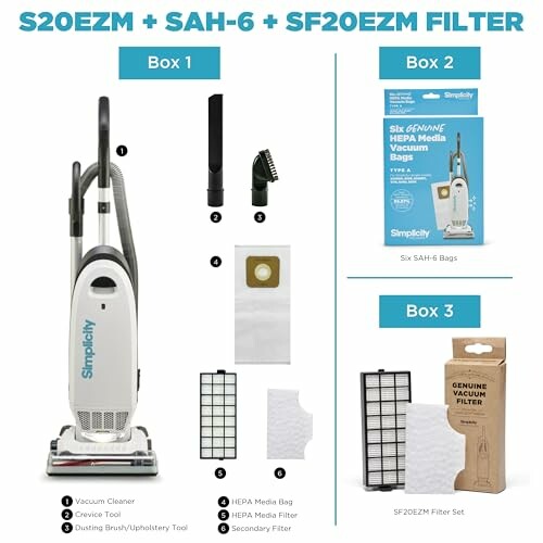 Simplicity vacuum cleaner with attachments and filters.