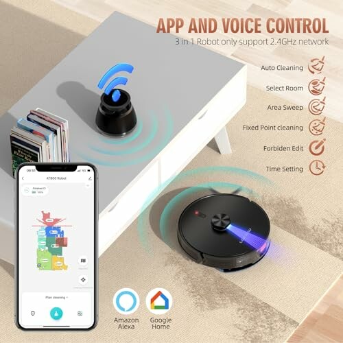 Smart vacuum cleaner with app and voice control features.