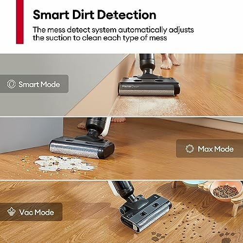 Vacuum cleaner demonstrating smart, max, and vac modes on different messes.
