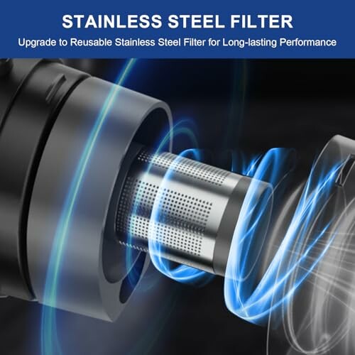 Reusable stainless steel filter with blue swirls.