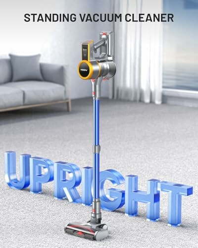 Standing vacuum cleaner in a modern room with the word 'UPRIGHT' displayed.