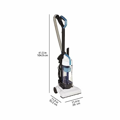 Upright vacuum cleaner with dimensions labeled.