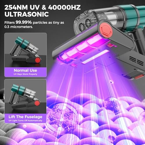 UV ultrasonic vacuum cleaner with purple light and features description.