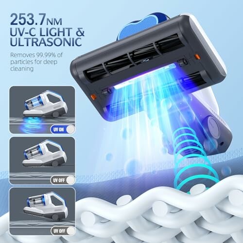UV-C light and ultrasonic cleaner with 253.7 nm wavelength, showing deep cleaning process.