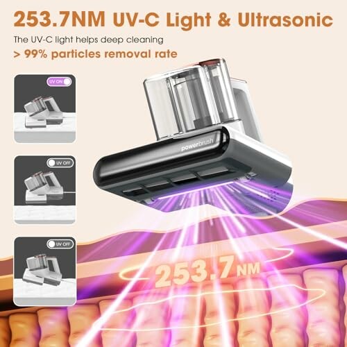 UV-C light and ultrasonic cleaner with 253.7nm wavelength for deep cleaning.