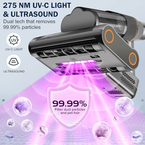 UV-C light and ultrasound cleaner removing particles with 99.99% efficiency.