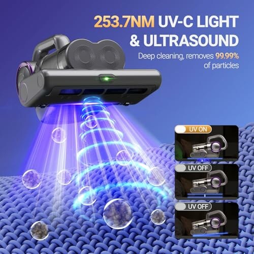 Cleaning device using 253.7nm UV-C light and ultrasound, showcasing deep cleaning and particle removal.
