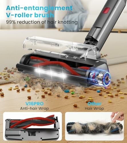 Vacuum cleaner with anti-entanglement V-roller brush reducing hair knotting.