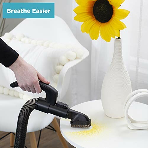 Hand using vacuum cleaner on a table with a vase and sunflower.