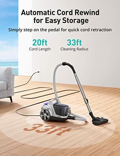 Vacuum cleaner with automatic cord rewind feature, showing 20ft cord length and 33ft cleaning radius.