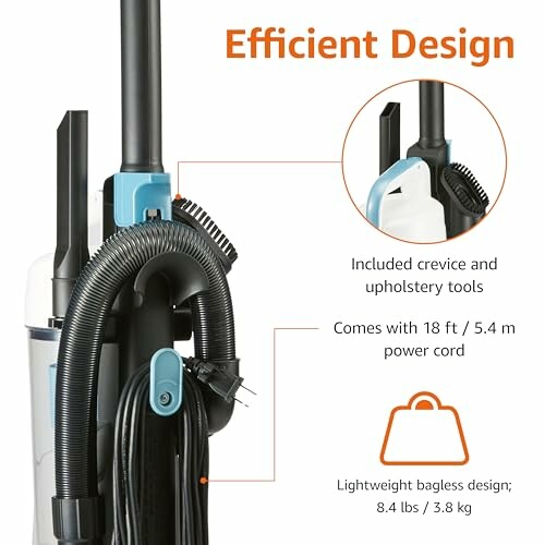 Vacuum cleaner with crevice tools, 18 ft power cord, lightweight bagless design.