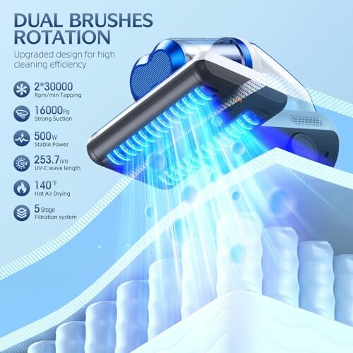 Vacuum cleaner with dual brushes and UV-C wave light for efficient cleaning.