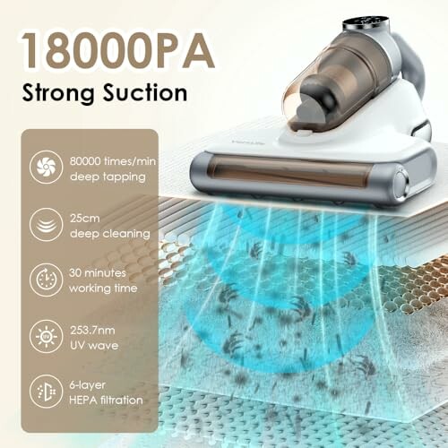 Vacuum cleaner with strong suction and HEPA filtration features.
