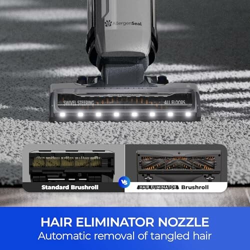 Vacuum cleaner with hair eliminator nozzle on carpet, showing standard and hair eliminator brushroll comparison.