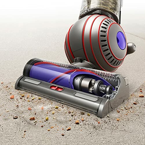 Vacuum cleaner head picking up dirt and debris on a carpet.