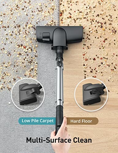 Vacuum cleaner demonstrating multi-surface cleaning on carpet and hard floor.