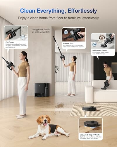 Woman using versatile vacuum cleaner with multiple attachments in a living room, including tools for pet hair and mopping.
