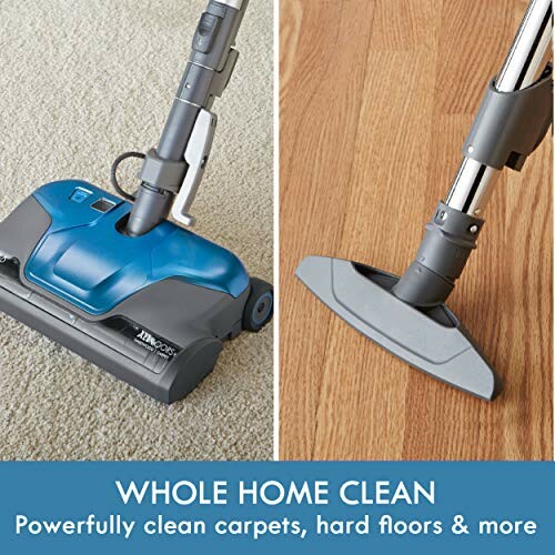 Vacuum cleaner on carpet and hard floor with text 'Whole Home Clean'.
