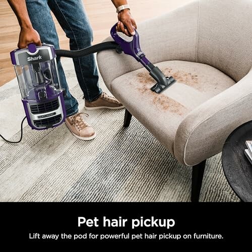 Person using a vacuum cleaner to remove pet hair from a chair.