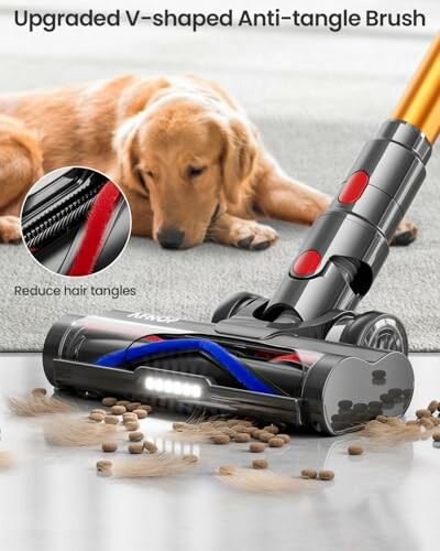 Vacuum cleaner with V-shaped anti-tangle brush and dog in background.