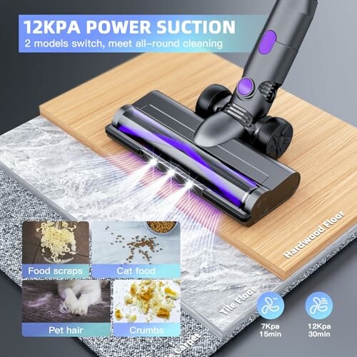 Vacuum cleaner head demonstrating 12kPa power suction on hardwood and tile floors.
