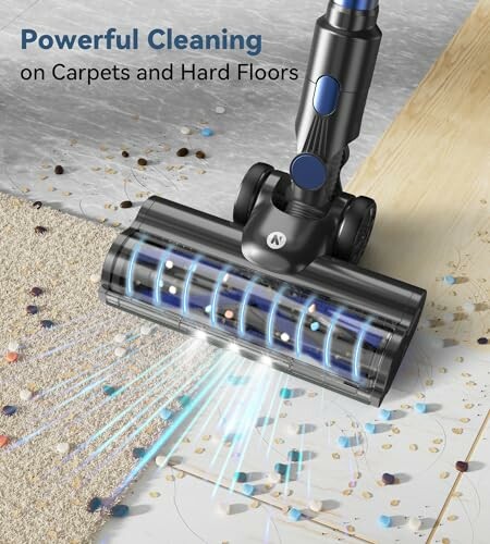 Vacuum cleaner demonstrating powerful cleaning on carpets and hard floors.