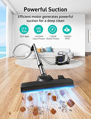 Vacuum cleaner demonstrating powerful suction in a modern living room.