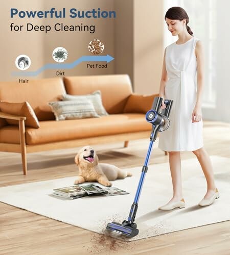 Woman using a vacuum cleaner with powerful suction near a dog.