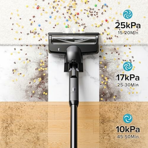 Vacuum cleaner demonstrating suction power on different surfaces with kPa ratings
