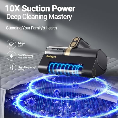 Vacuum cleaner highlighting 10x suction power and deep cleaning features.