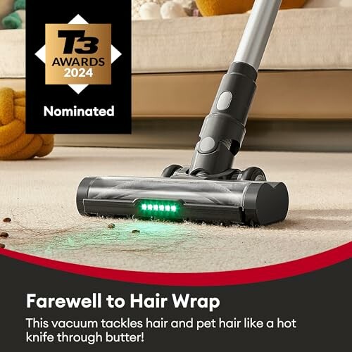 Vacuum cleaner head on carpet with T3 Awards 2024 nomination.