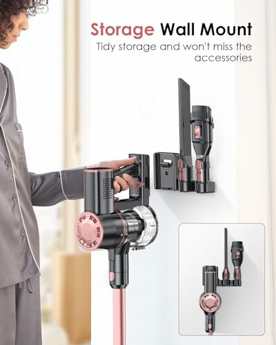Vacuum cleaner wall mount storage with attached accessories.