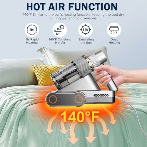 Vacuum with hot air function on a bed, showing 140°F heating features.