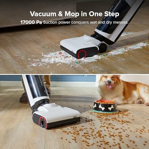 Vacuum and mop cleaner handling wet and dry messes on floor.