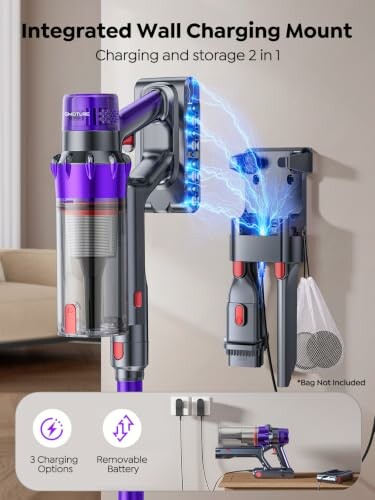 Cordless vacuum with integrated wall charging mount.