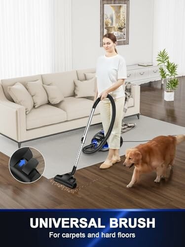 Person vacuuming floor with dog nearby, in a living room setting.