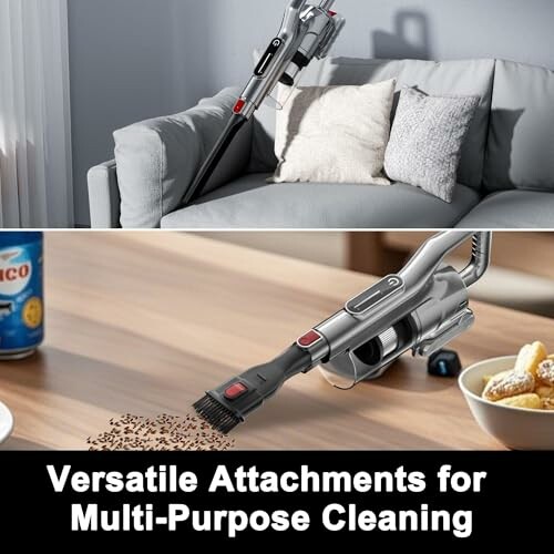 Vacuum cleaner used on a couch and table with versatile attachments.