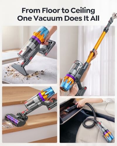 Versatile vacuum cleaner for floors, ceilings, stairs, and car interiors.