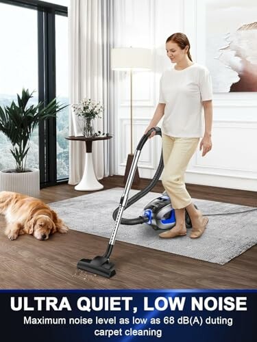 Woman vacuuming carpet near a resting dog in a quiet living room.