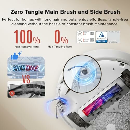 Comparison of zero tangle main brush and side brush for hair removal.